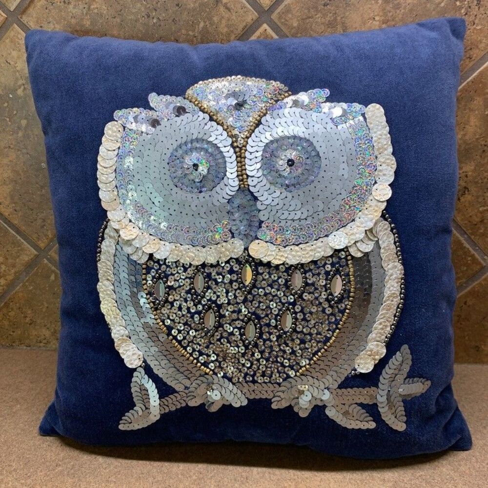 Pier 1 Imports Velvet Owl Pillow Navy Blue Velour Beaded Metallic Sequins 14x14”